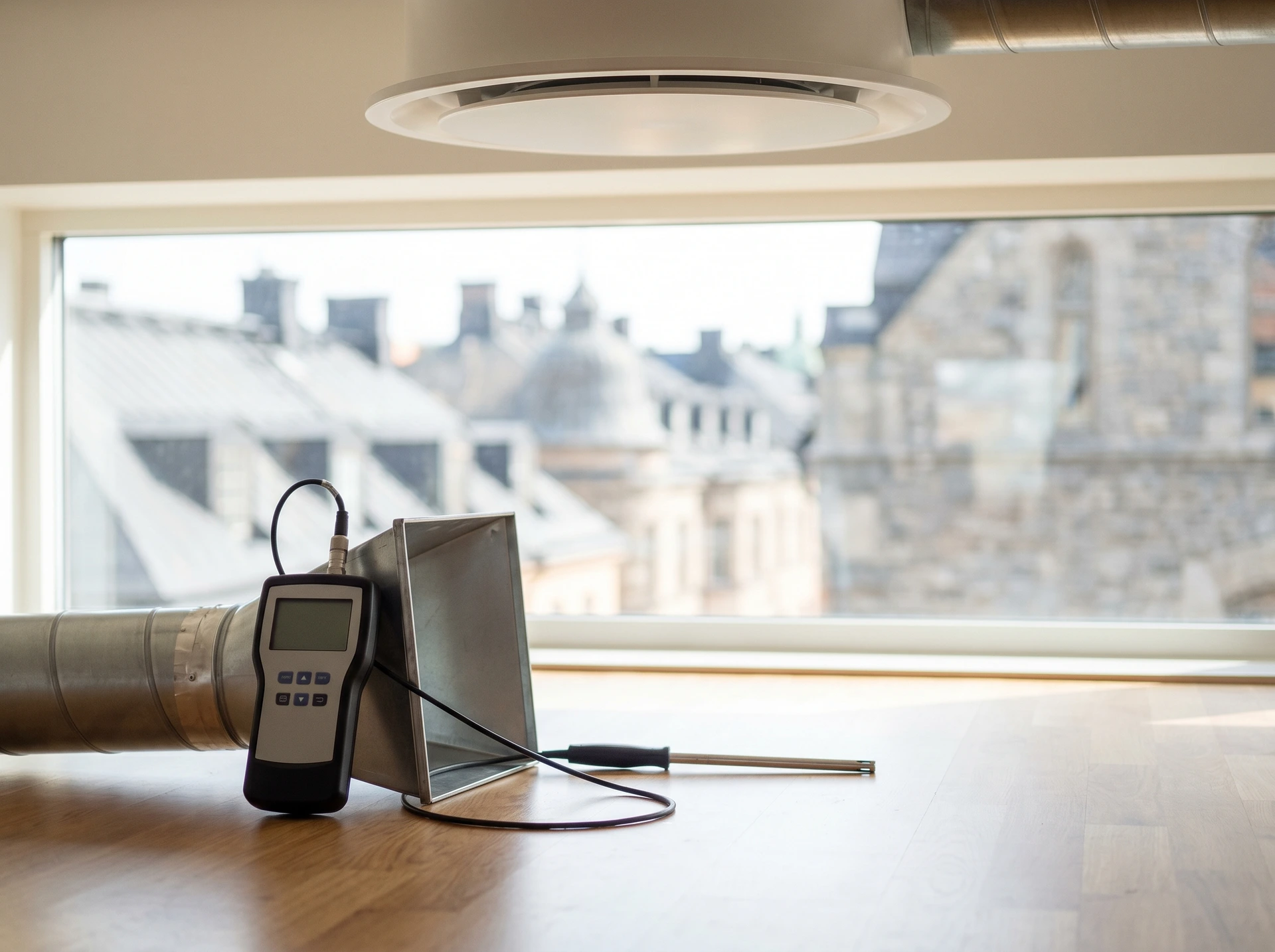 Mätinstrument och ventilationsrör på ett golv framför ett fönster.