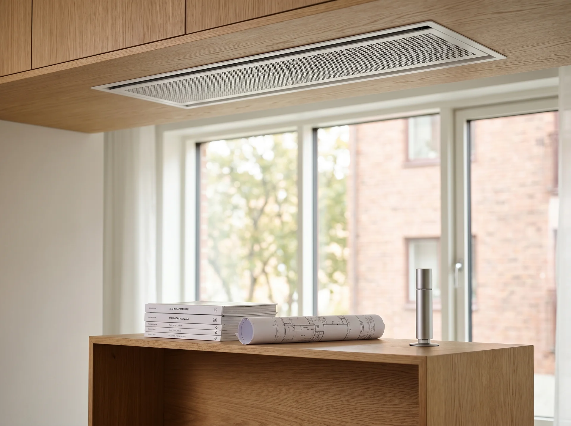 Infälld takventilation ovanför träskåp med böcker och ritningar.
