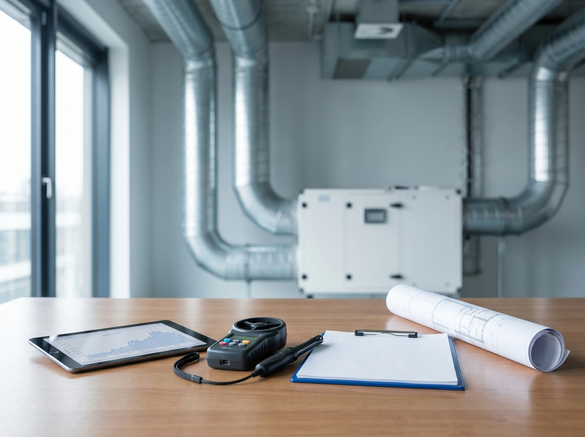 Ventilationsanläggning med mätinstrument, surfplatta, clipboard och ritningar på bord.