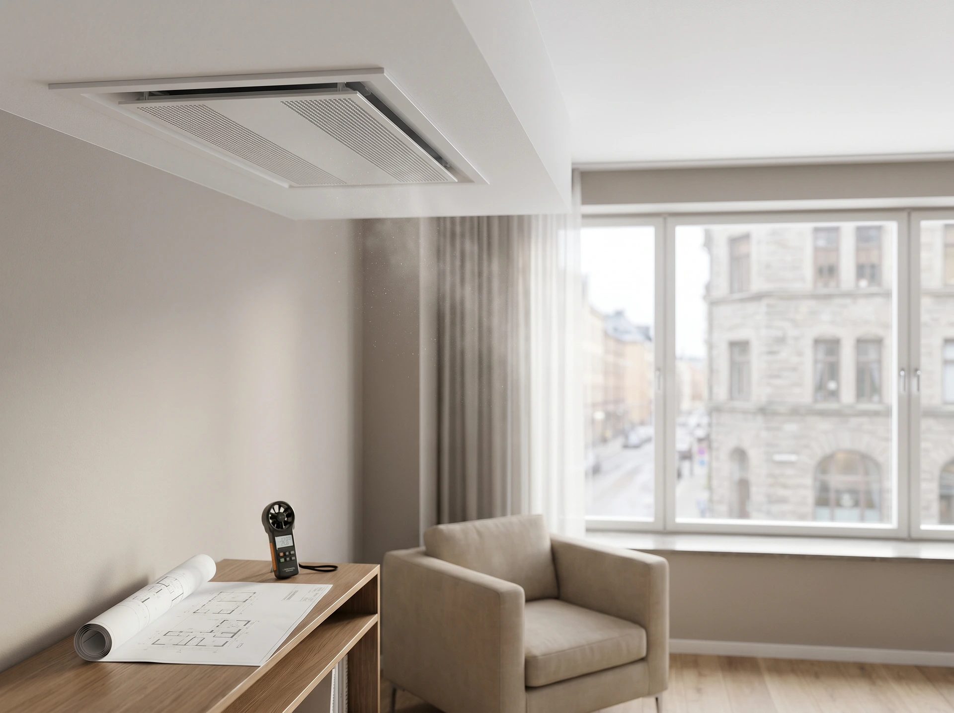 Takmonterad ventilationsenhet i modernt rum med fåtölj och ritningar.