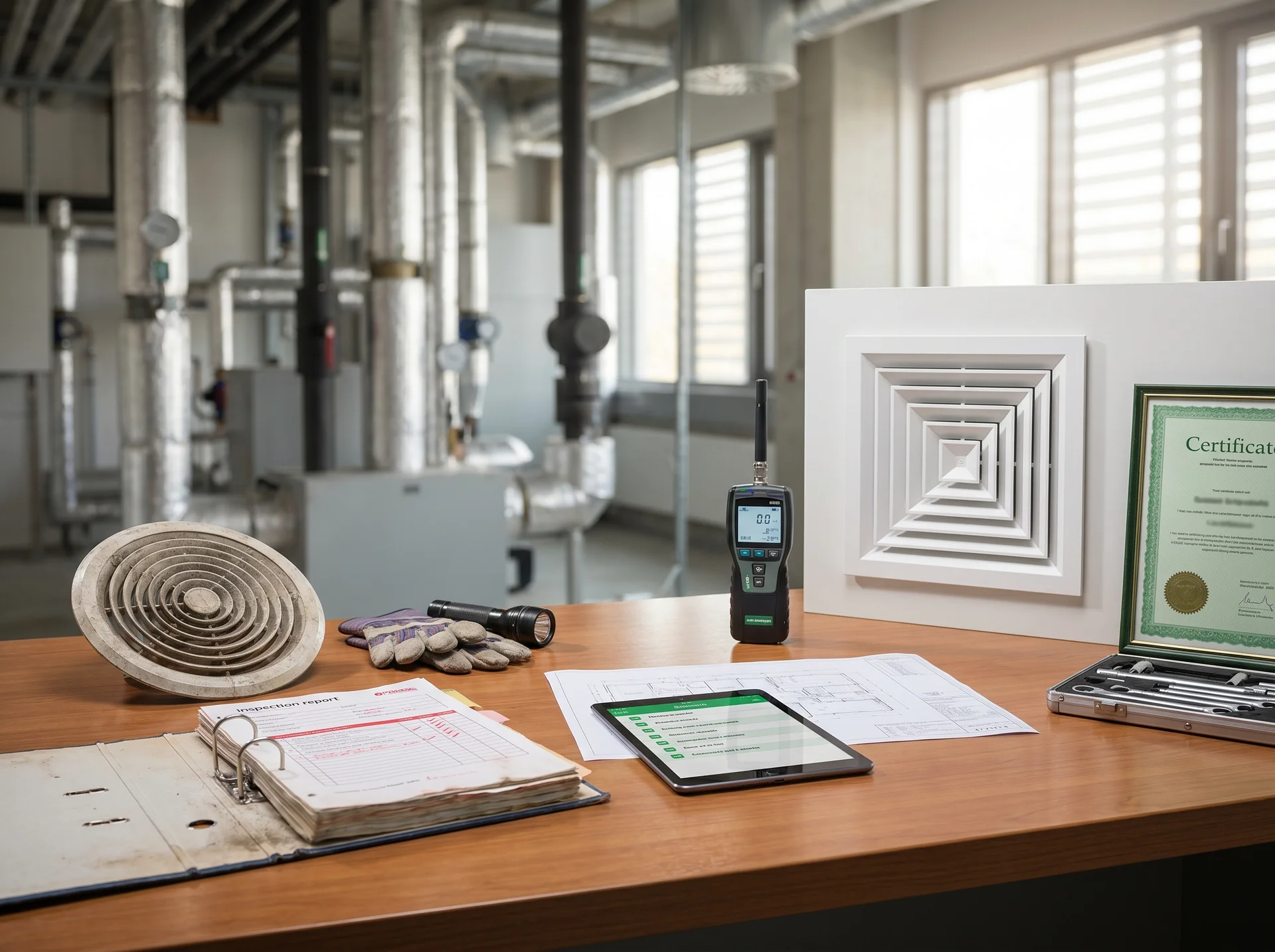 Ett arbetsbord med ventilationskomponenter, inspektionsrapporter och mätinstrument.